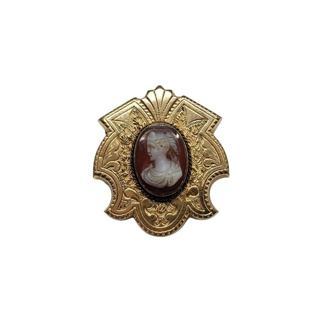 Victorian Taille d 'Epargne Enamel Gold Filled Cameo Pin Mourning Jewelry (B)